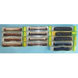 Minitrix, N gauge, thirteen Continental coaches, all in Minitrix boxes, mainly incorrectly-numbered,