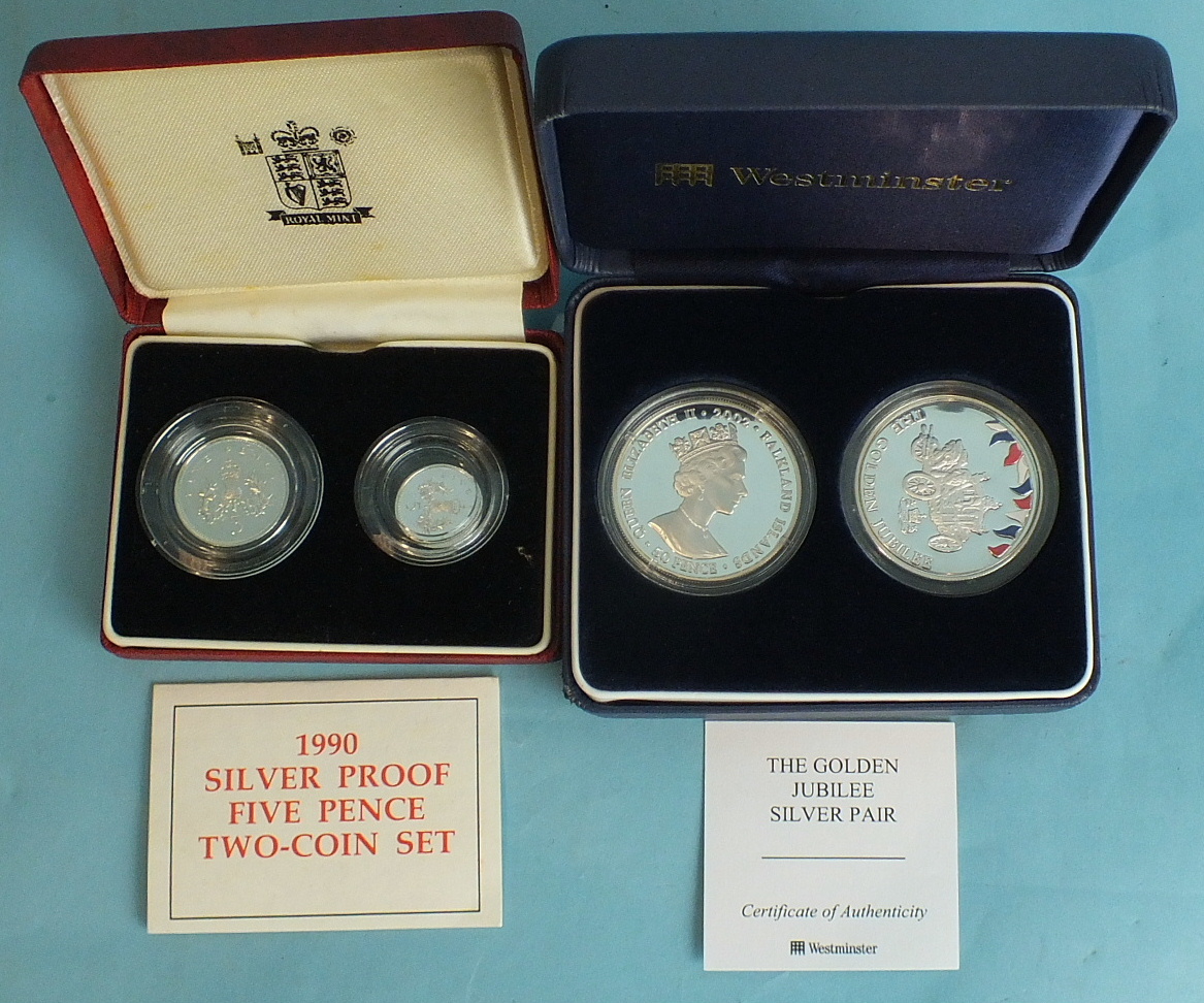 A Westminster Falkland Islands "The Golden Jubilee" silver pair of two fifty pence pieces, in fitted