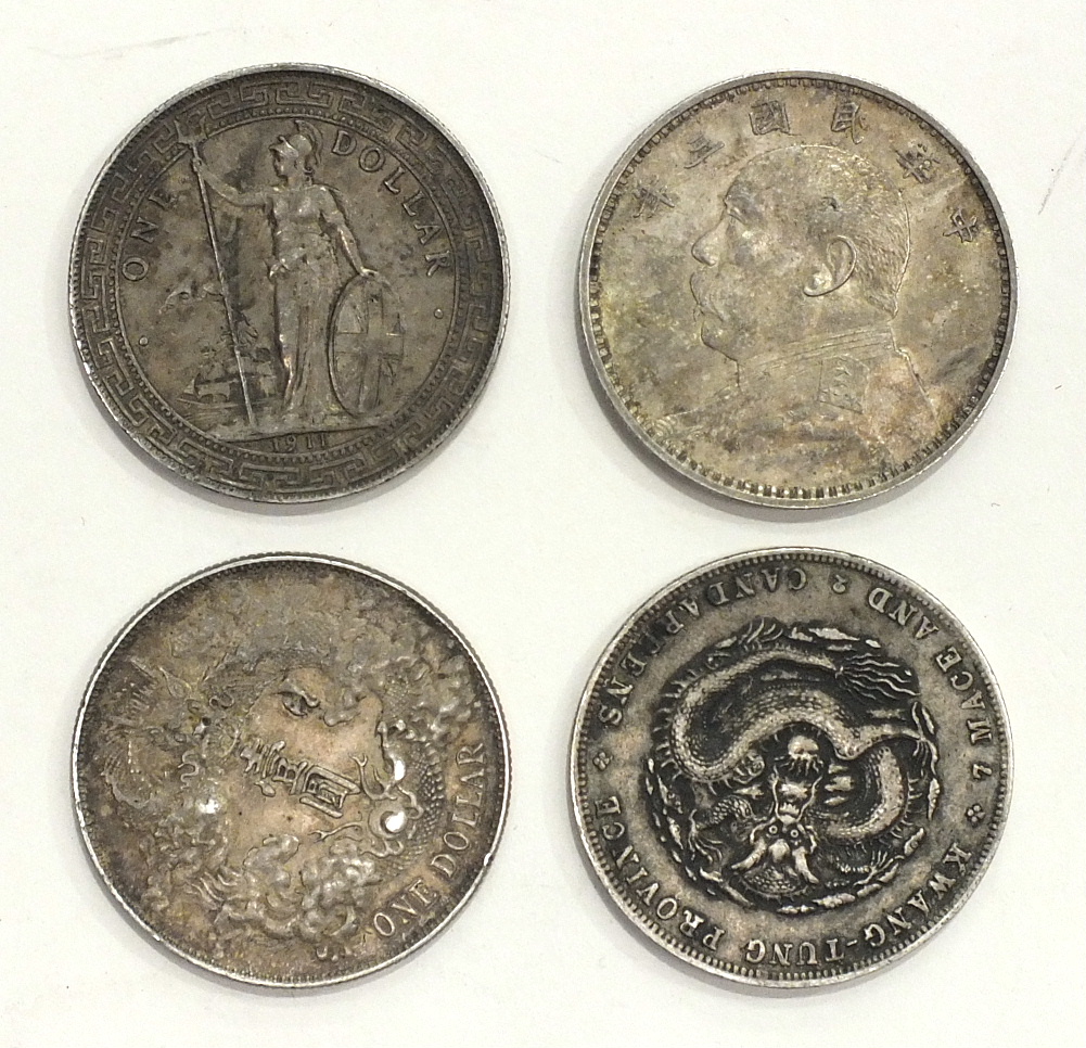 A 1911 China Hong Kong trade dollar, a 1914 Yuan Shih Kai trade dollar, a Kwang Tung Province 7-mace - Image 2 of 2