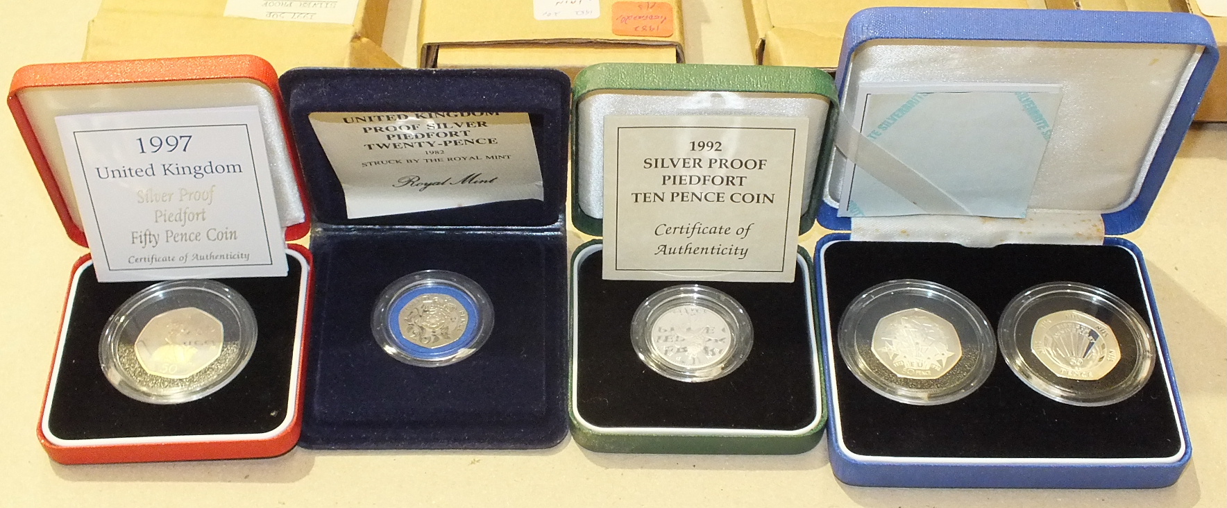 A collection of Royal Mint cased Piedfort silver proof coins, comprising: 50 pence 1992-93 (one - Image 2 of 2