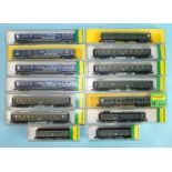 Minitrix, N gauge, fourteen various Continental coaches, all boxed.