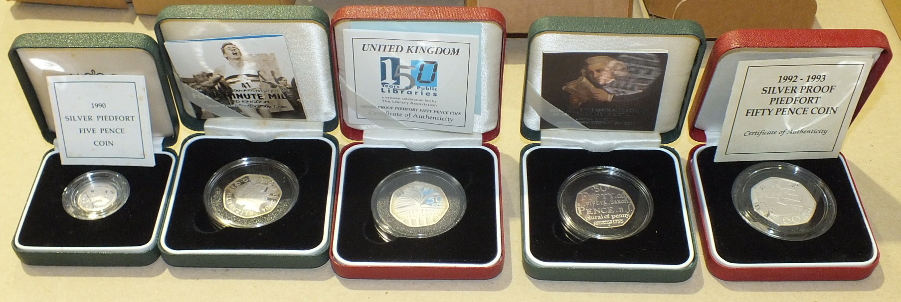A collection of Royal Mint cased Piedfort silver proof coins, comprising: 50 pence 1992-93 (one
