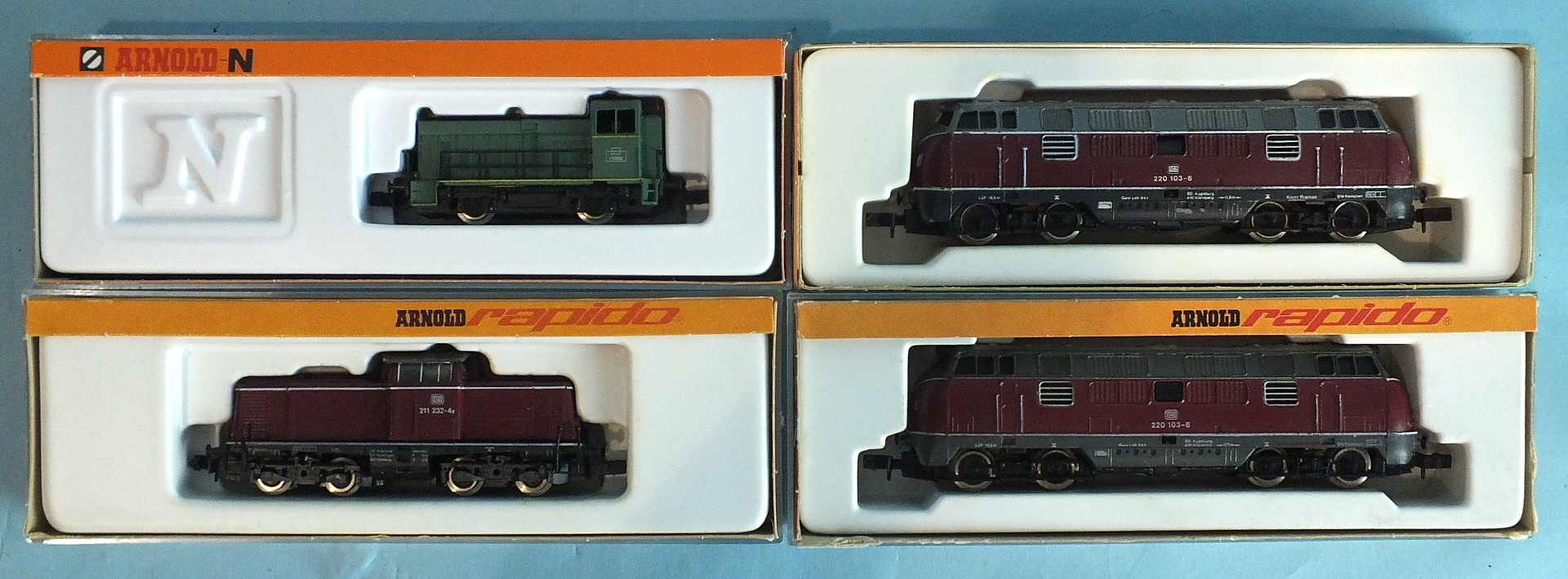 Arnold, N gauge, four diesel locomotives: 2023 (x2), 0201 and 2056, all boxed, (4).