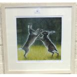 After Beverley Madley, 'Boxing Hares', a signed and titled limited edition print, 3/50, 29 x 29cm