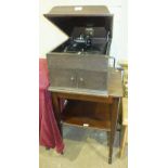 An oak-cased HMV wind-up table-top gramophone with Stonia Majestic sound box, 39cm wide, 35cm