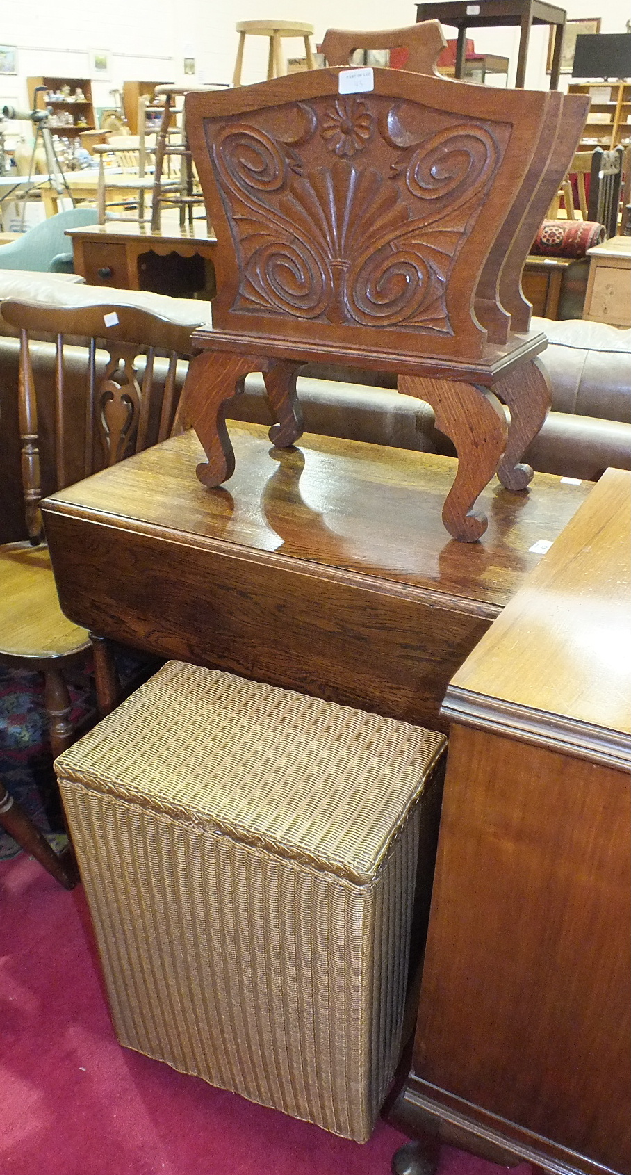 A modern walnut low bookcase, 61cm wide, an oak tea trolley, a Lloyd Loom linen basket and a - Image 2 of 2