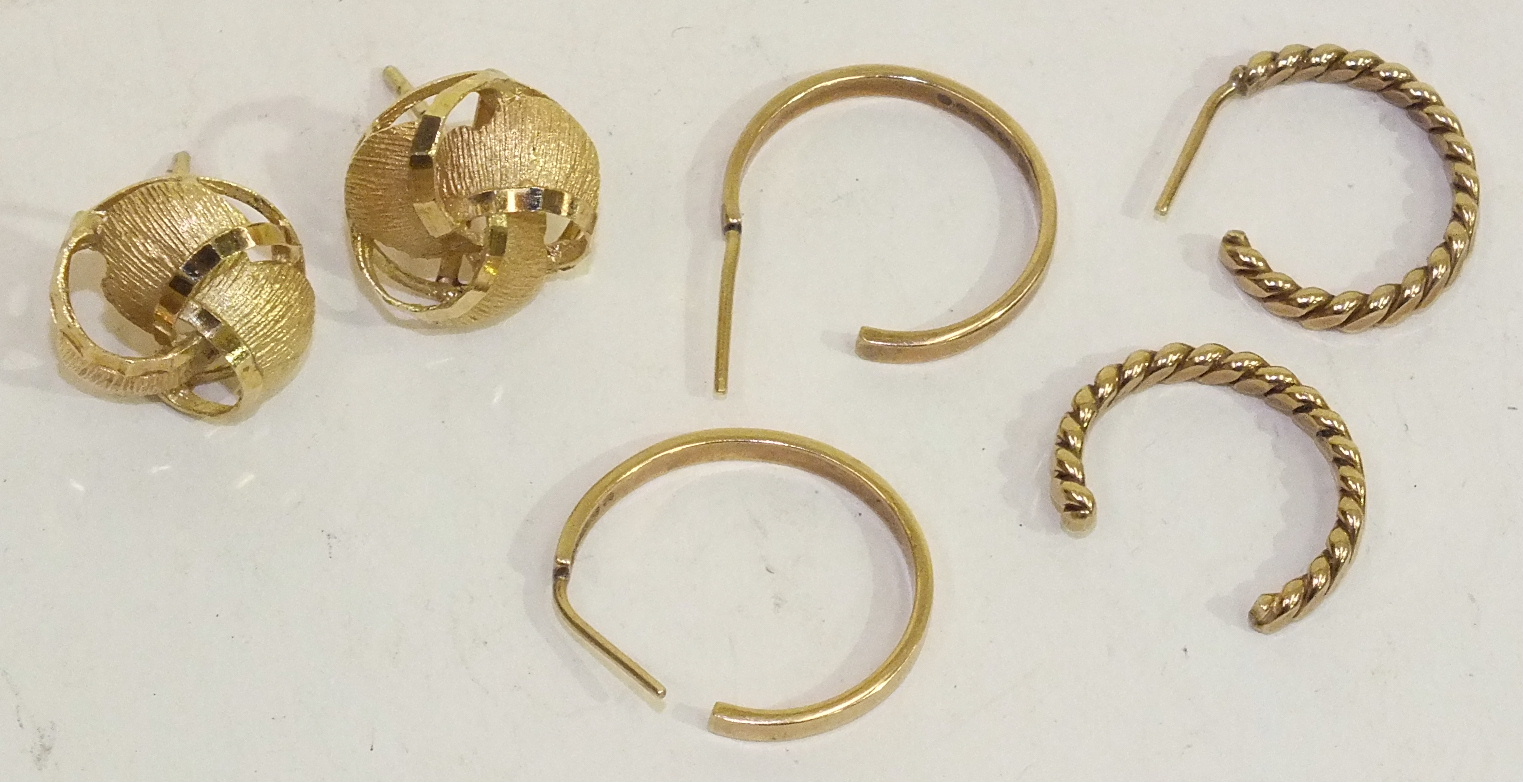 Three pairs of 9ct gold earrings, 7.2g, (3).