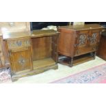 A modern low oak hall cupboard, the shaped top above a pair of doors and single drawer, on turned