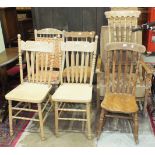 A collection of five mainly elm and beech kitchen chairs, a small lathe-back rocking chair and a