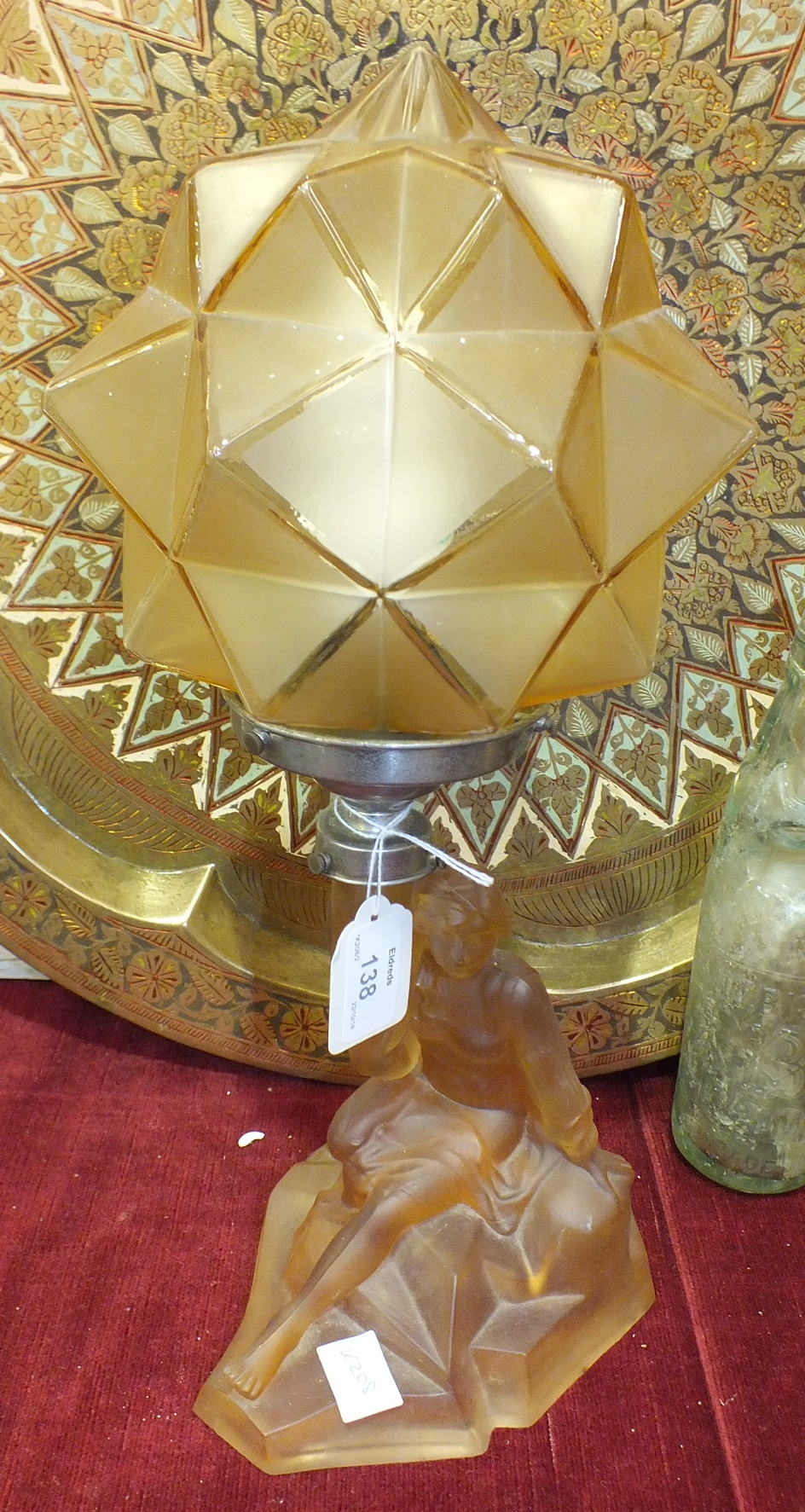 An amber glass Art-Deco-style figural table lamp with shade, 40cm high overall, (shade a/f), etc.