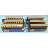 Hornby Dublo, six boxed coaches: D12 Corridor Coach (LMR), (3), D14 Suburban Coach (2) and D20