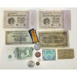 A British War medal to 736707 Gunner A H Jones RA and a small collection of bank notes and coins.
