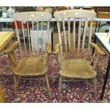 An elm and beech lathe-back farmhouse-style kitchen chair and a similar stick-back chair, (2).