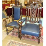 A 19th century carved oak armchair and two similar armchairs, (3).