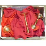 Thirty-three brass altar candlesticks, a box of red candles, artificial roses, veils, etc.