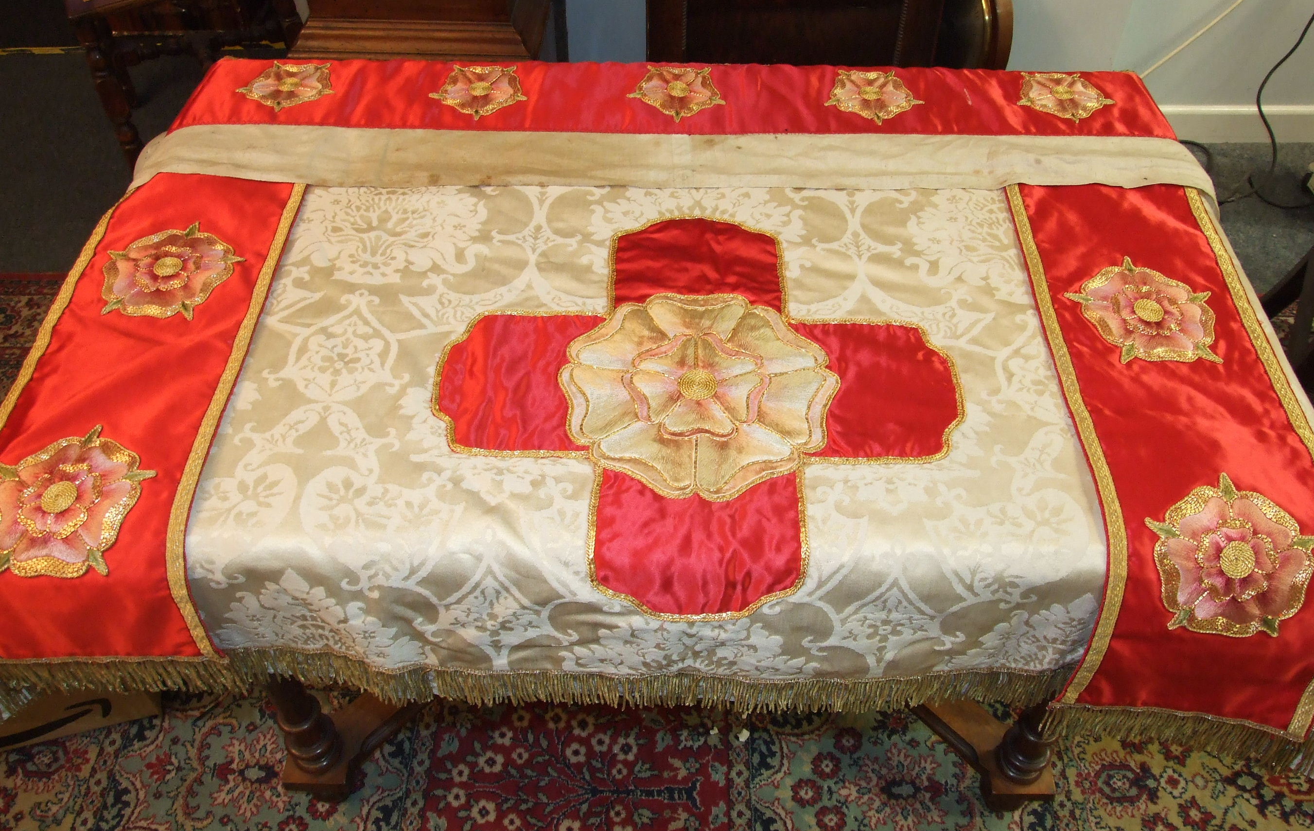 An embroidered Rose Croix Masonic Red Room altar cloth, 140 x 83cm and two black room altar