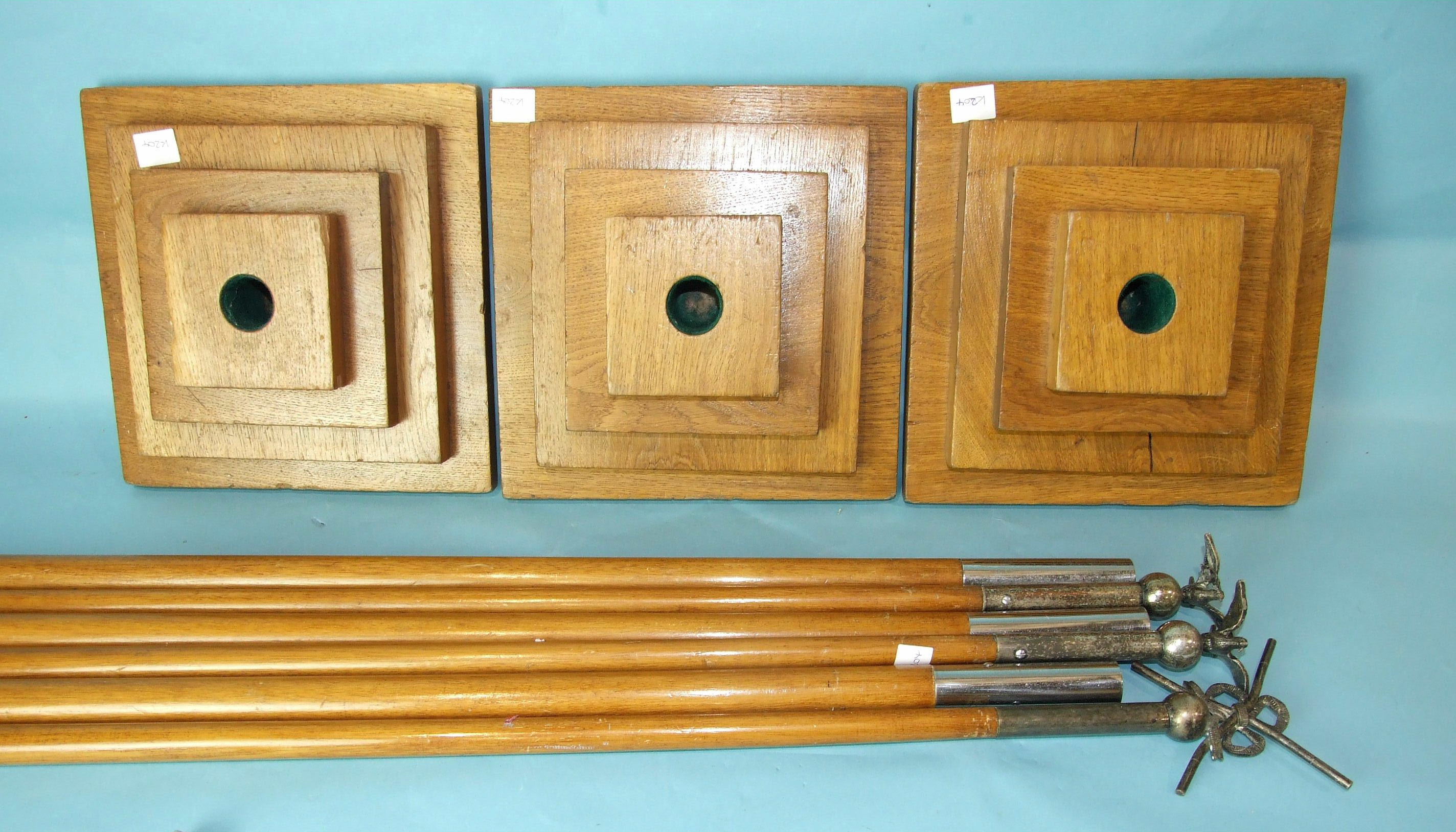 A set of three Masonic turned wood wands with plated tops, two Deacons and one Director of