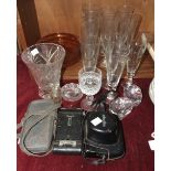 Eleven fluted glasses with star-cut decoration, a pair of glass salts and other items.