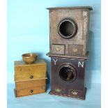 Two stained wood Masonic ballot boxes, and others.