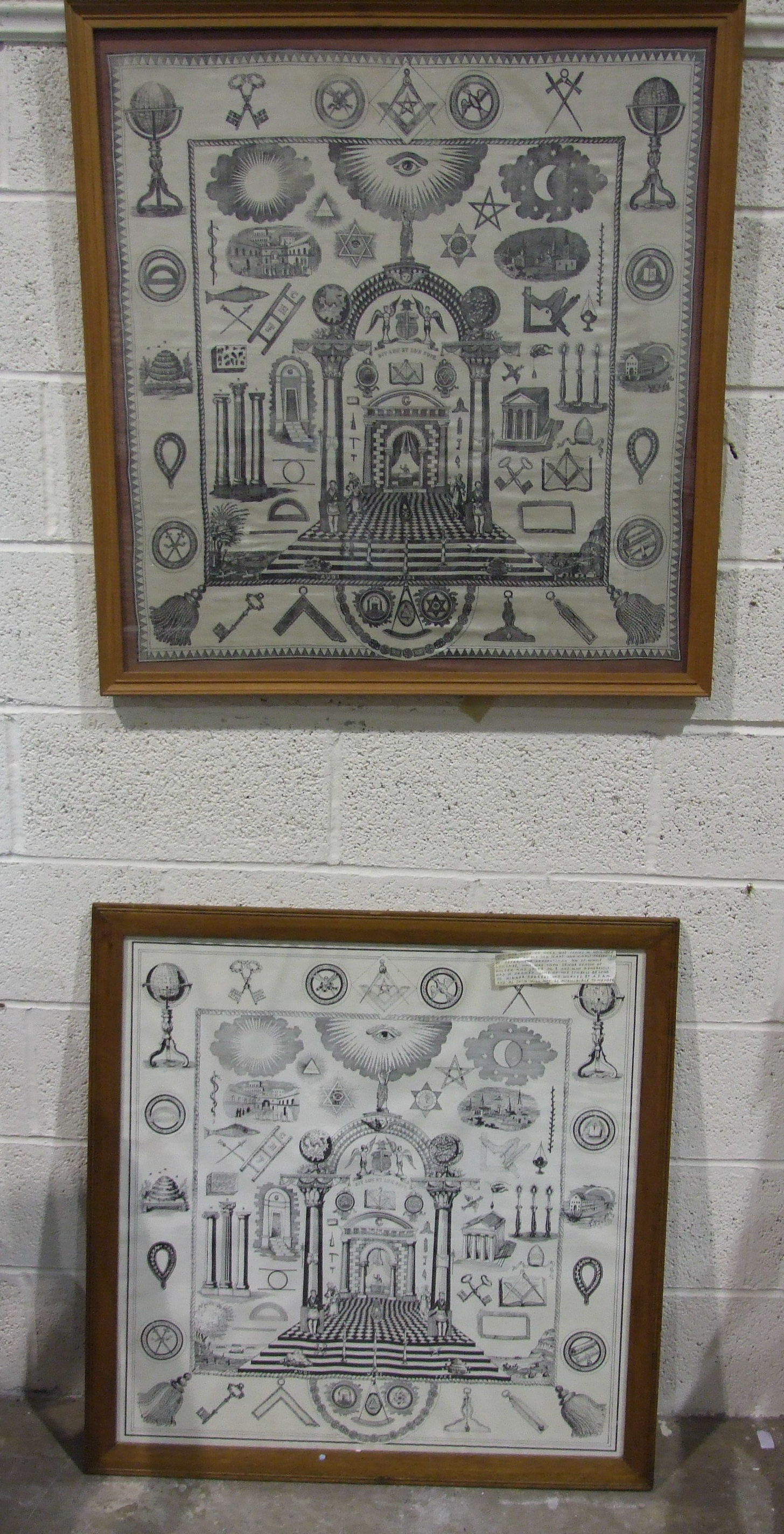 A printed silk scarf decorated entirely with Masonic symbols, various orders and degrees, 80 x 76cm, - Image 2 of 2