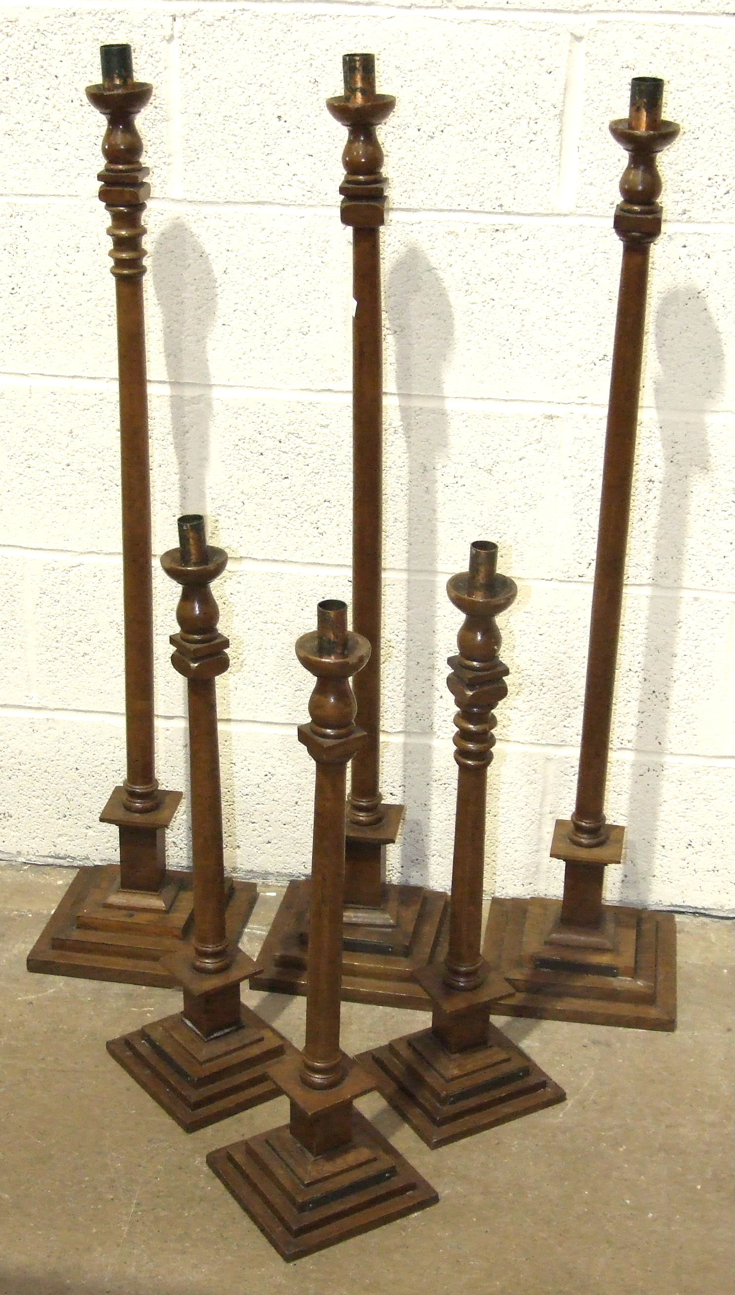 A set of three Masonic turned oak candlesticks with presentation plaque 'To HRA Chapter The