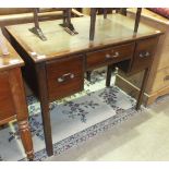 A stained wood finish writing table, the rectangular top with inset above three drawers, on square