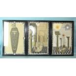 A set of three hand-painted Masonic tracing boards, in black picture frames, 51 x 33cm, (3).