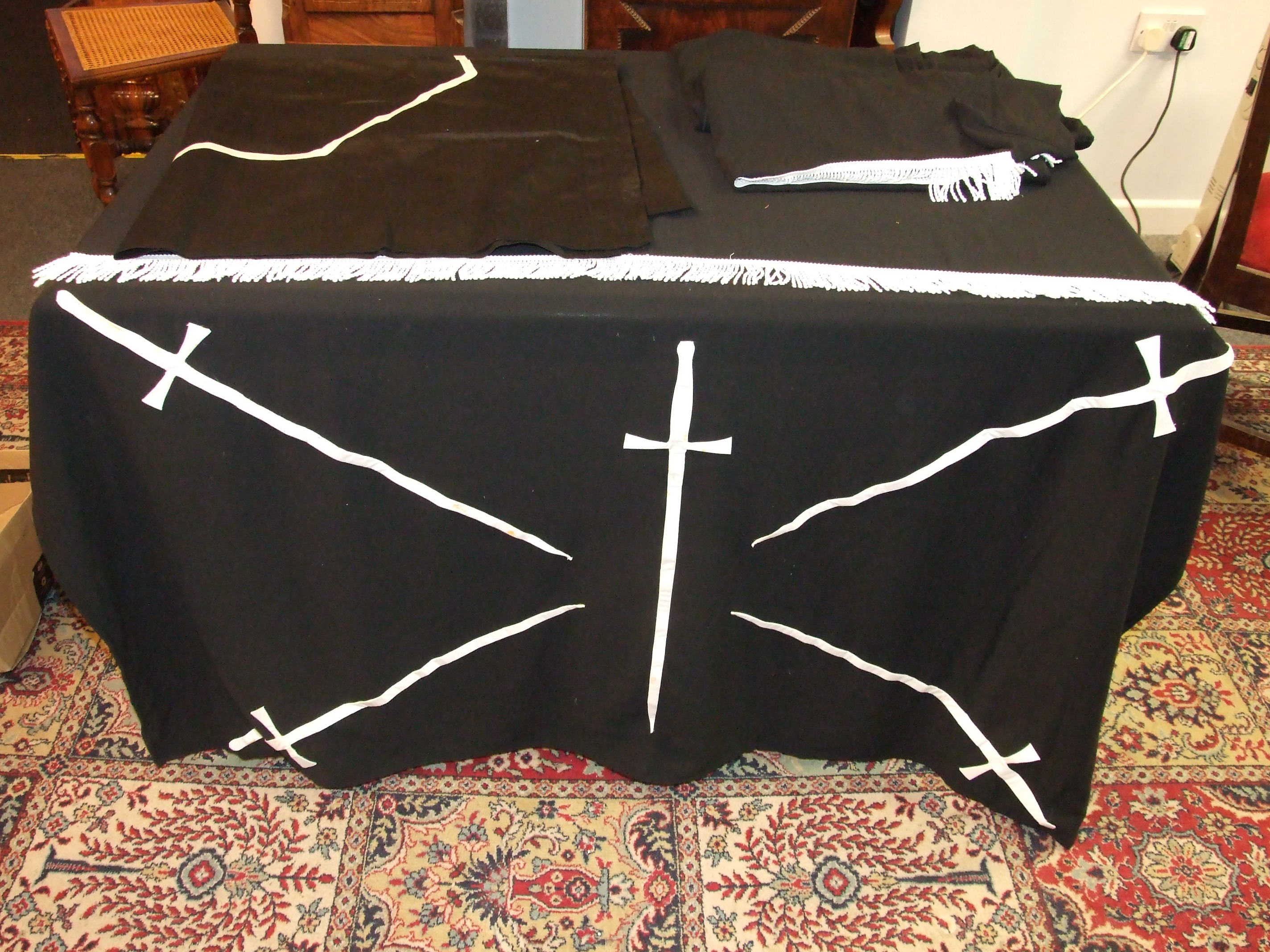 An embroidered Rose Croix Masonic Red Room altar cloth, 140 x 83cm and two black room altar - Image 2 of 2