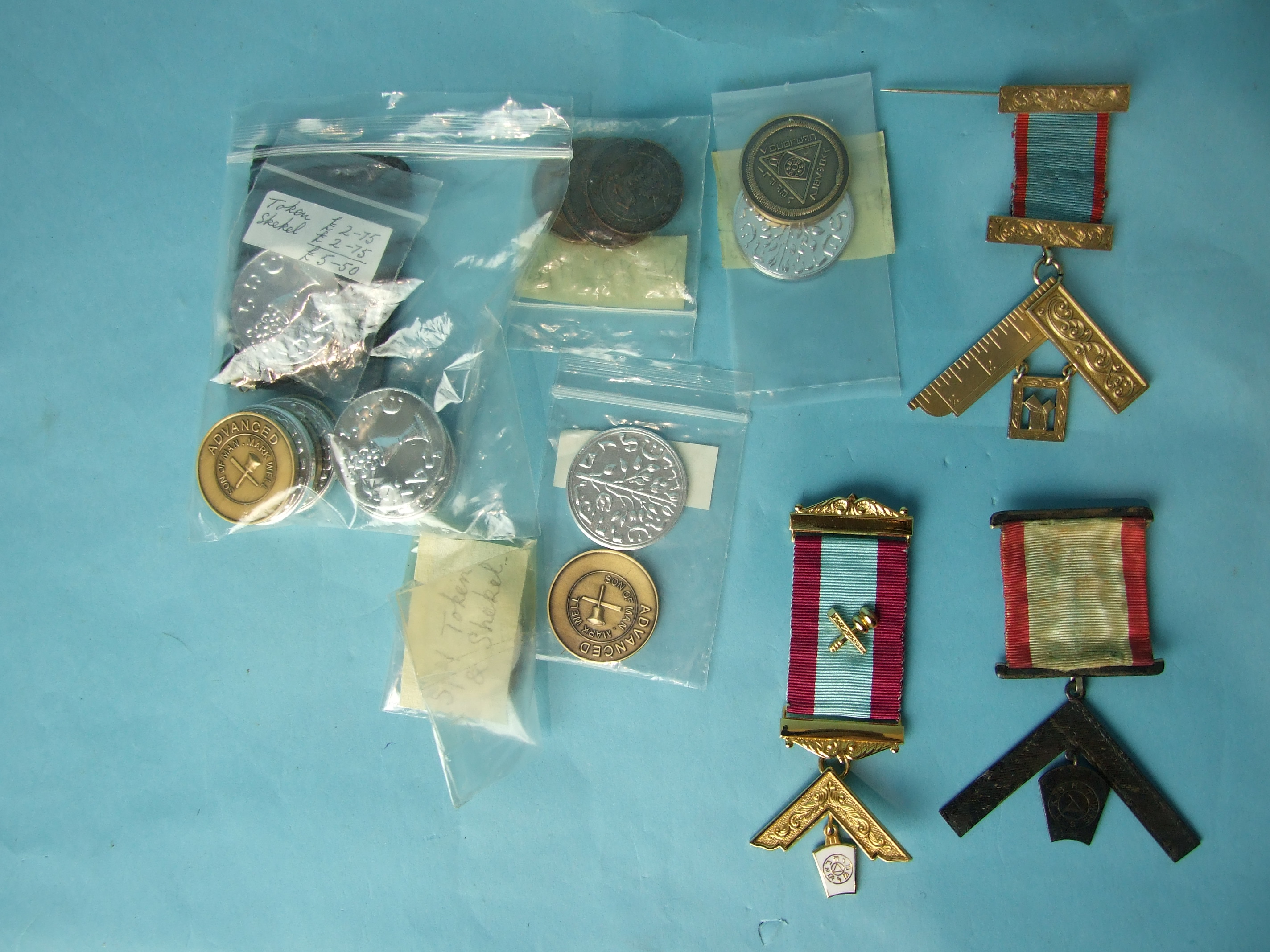 A collection of Mark Masonic tokens, an old Past Master's jewel, a new Past Master's jewel and a - Image 2 of 2