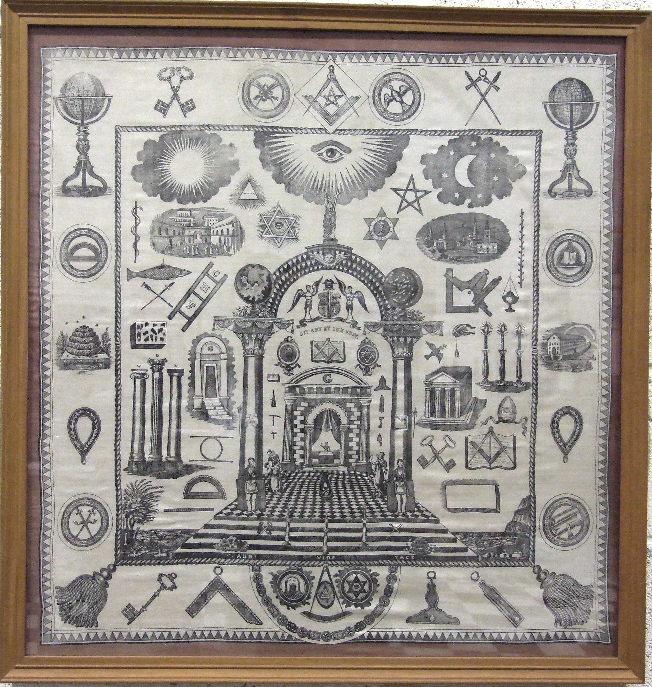 A printed silk scarf decorated entirely with Masonic symbols, various orders and degrees, 80 x 76cm,