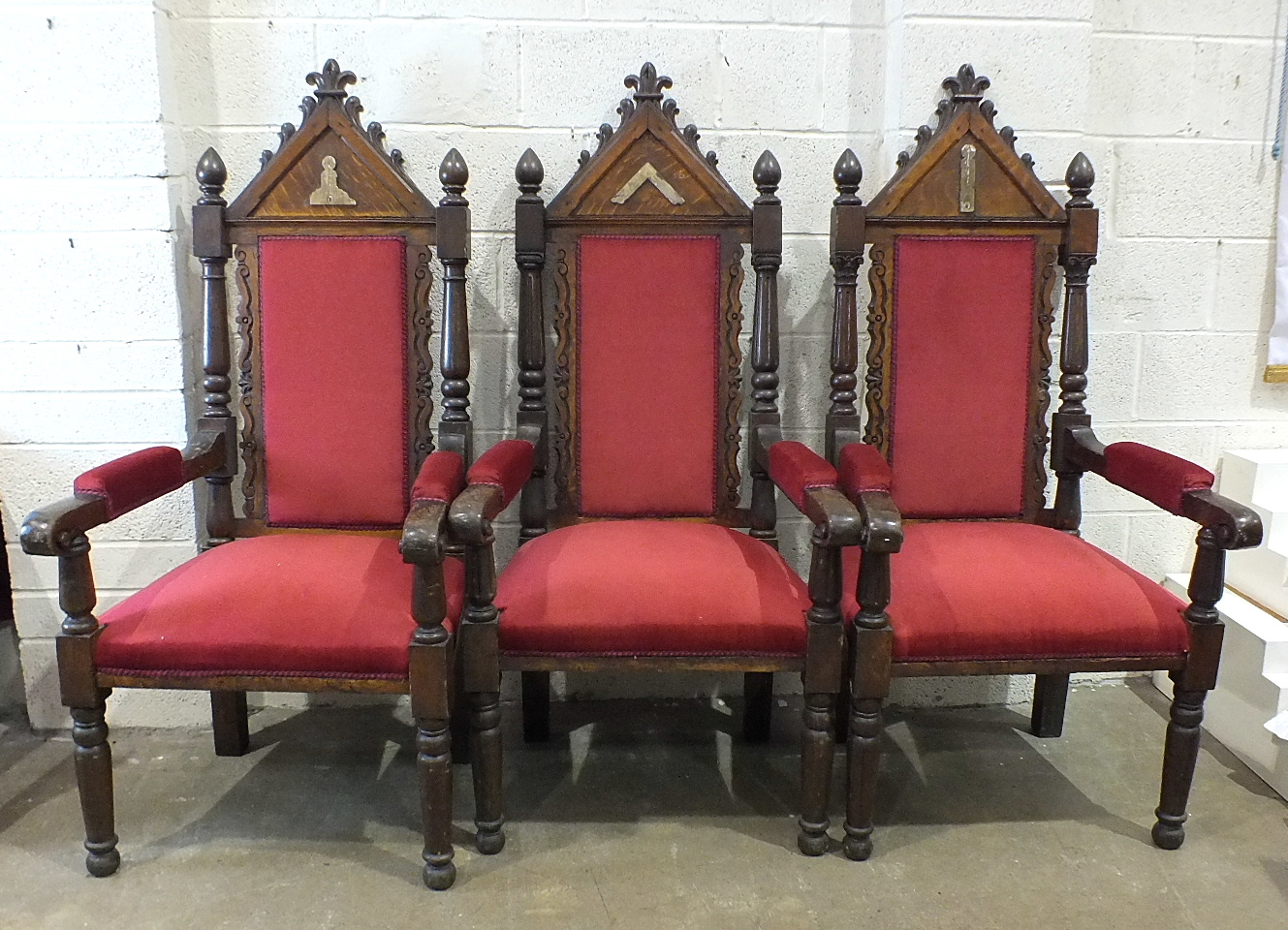 A Masonic WM's upholstered oak chair by Kenning, Manufacturer, London, together with Senior and
