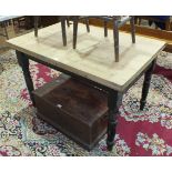 A pine chest, 71cm wide, a scrub-top pine kitchen table with end drawer, on turned legs, 80 x