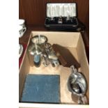 A silver-plated cruet set in box, a plated Vesta case and other metal ware.