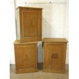 Three Masonic oak pedestals, WM and two Wardens, approximately 95 x 66cm, (3).