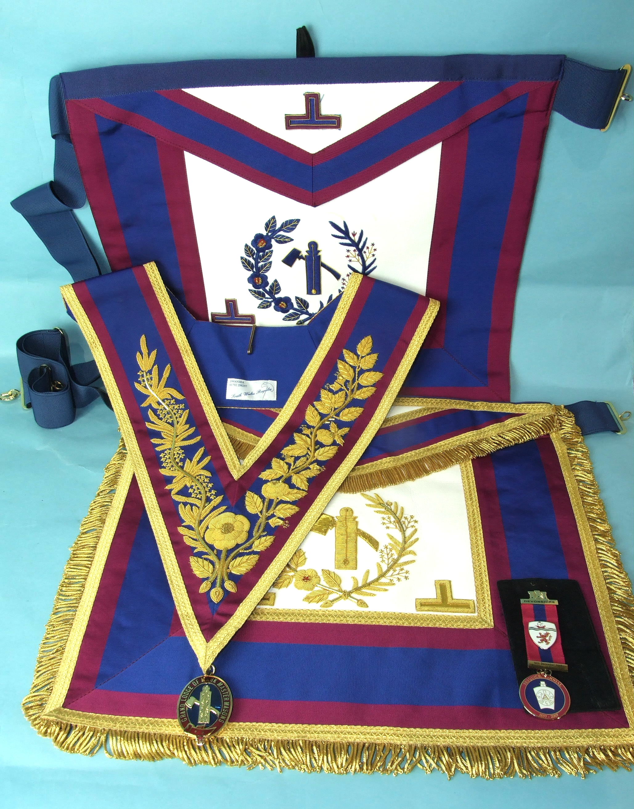 A Mark Grand Officers Junior Warden's dress and undress apron and dress collar with gilt enamel