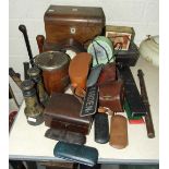 Two walnut work boxes, two pine stools, a child's violin and other items.