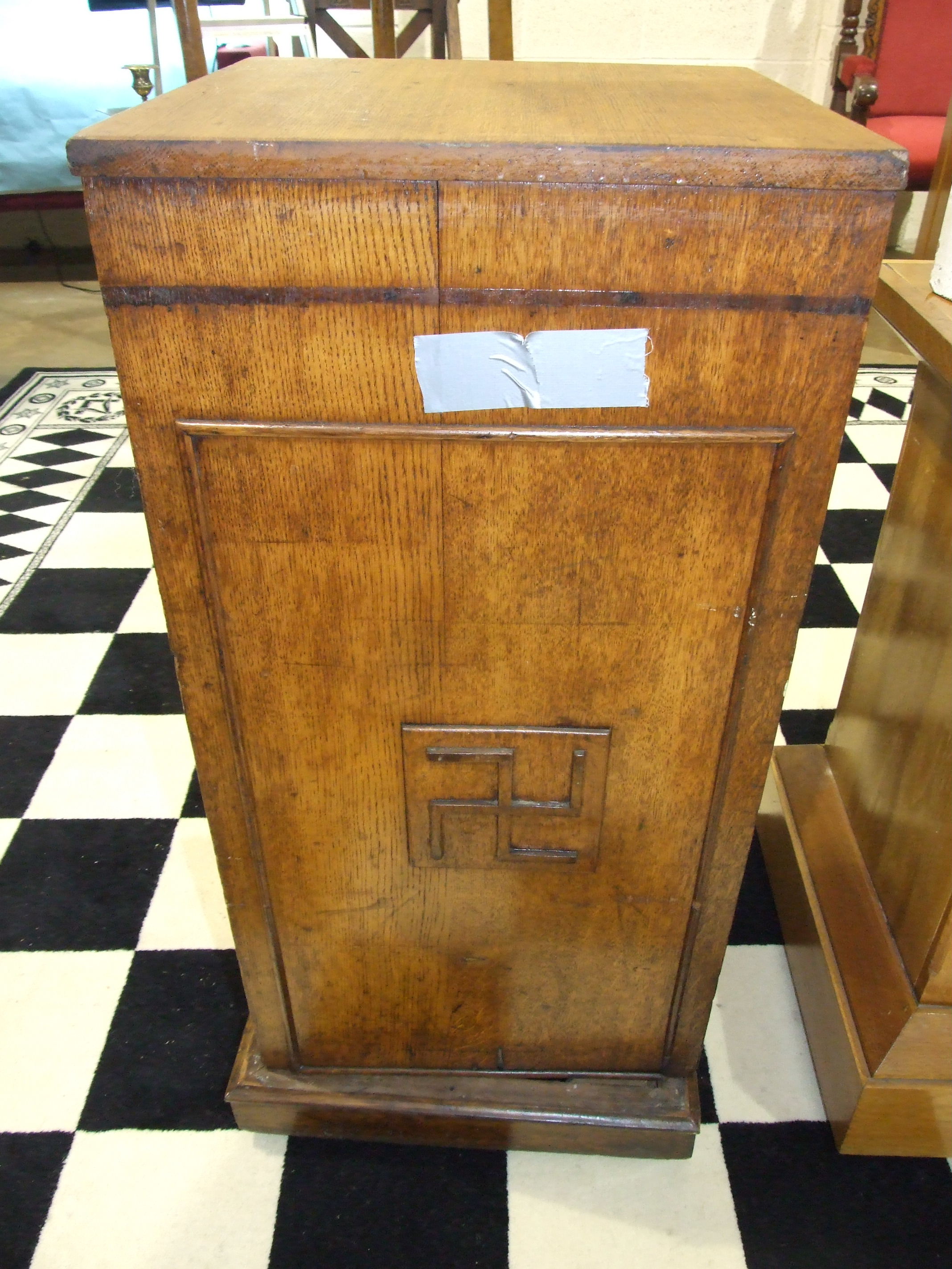 A Masonic oak pedestal with applied wood symbols, on castors, a square-form oak pedestal on - Image 3 of 4