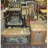 Two 1930's oak carver chairs, a coal box and other items.