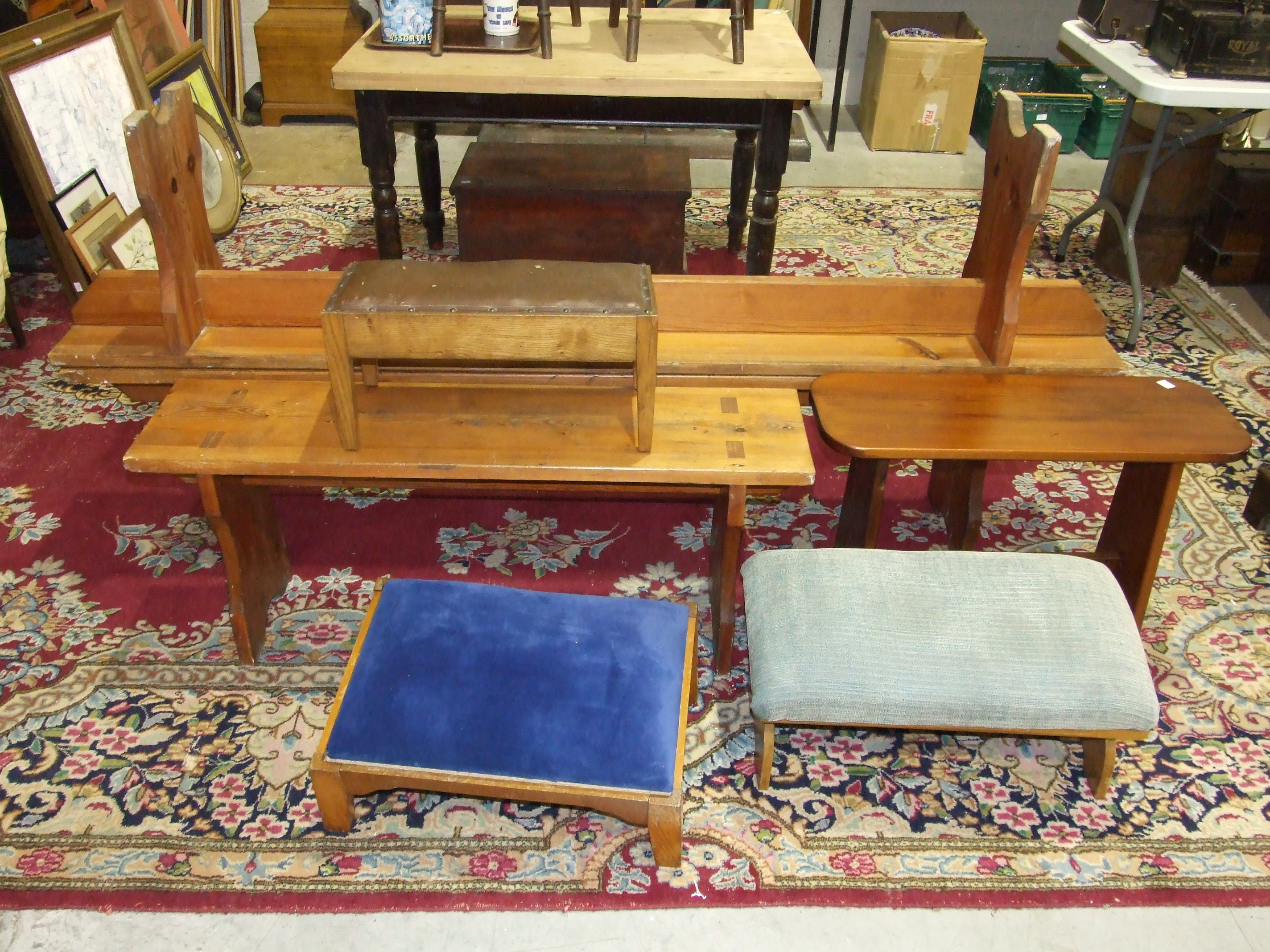 Three Masonic stained wood pillars, various pine benches and kneeling stools. - Image 2 of 2