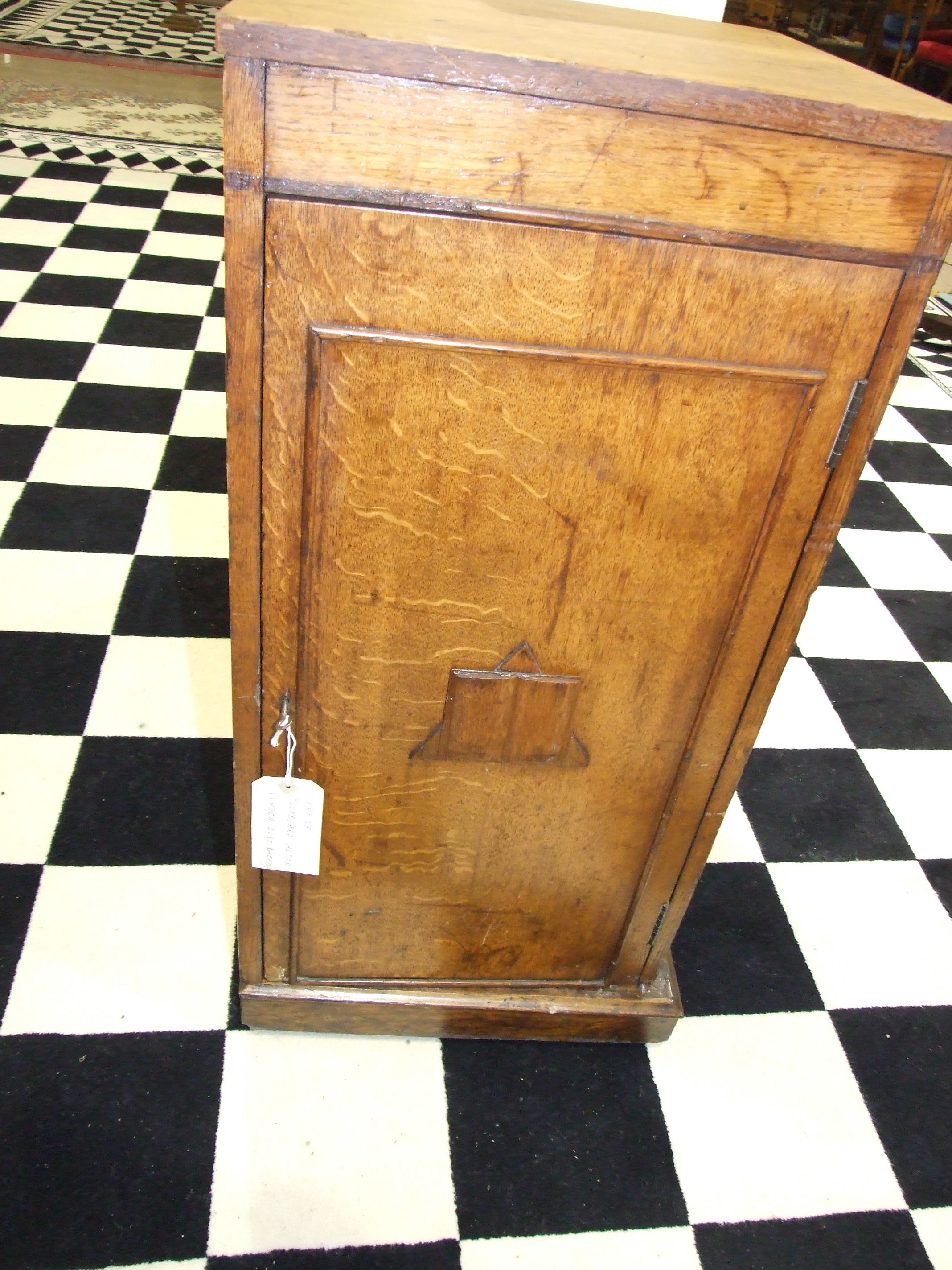 A Masonic oak pedestal with applied wood symbols, on castors, a square-form oak pedestal on - Image 2 of 4