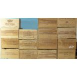 A collection of fifteen wooden wine boxes, stencilled with the names of chateaux.