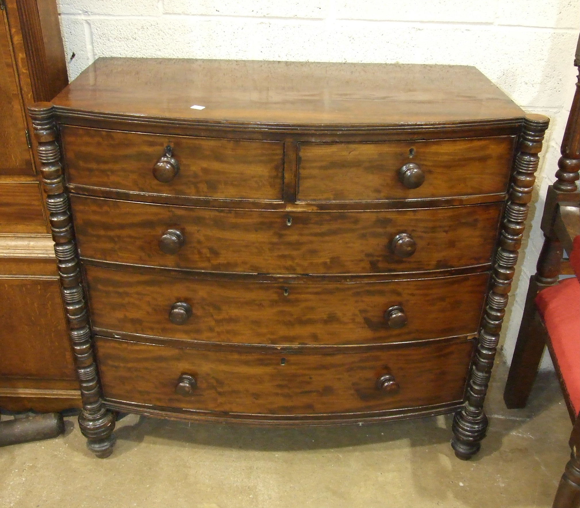 A late-19th century Scottish mahogany finish bow-fronted chest of two short and three long - Image 2 of 2