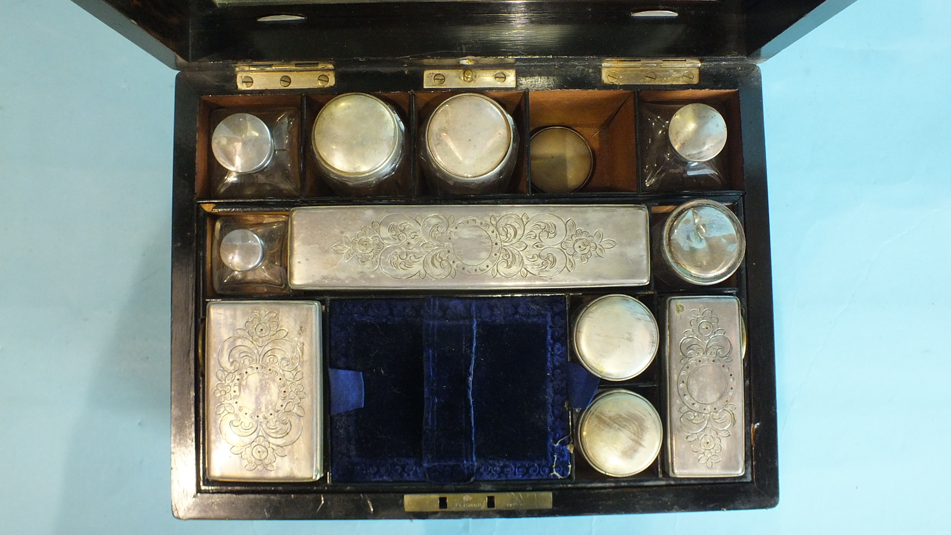 A Victorian ladies coromandel wood dressing case with plate-mounted bottles and concealed - Image 2 of 4