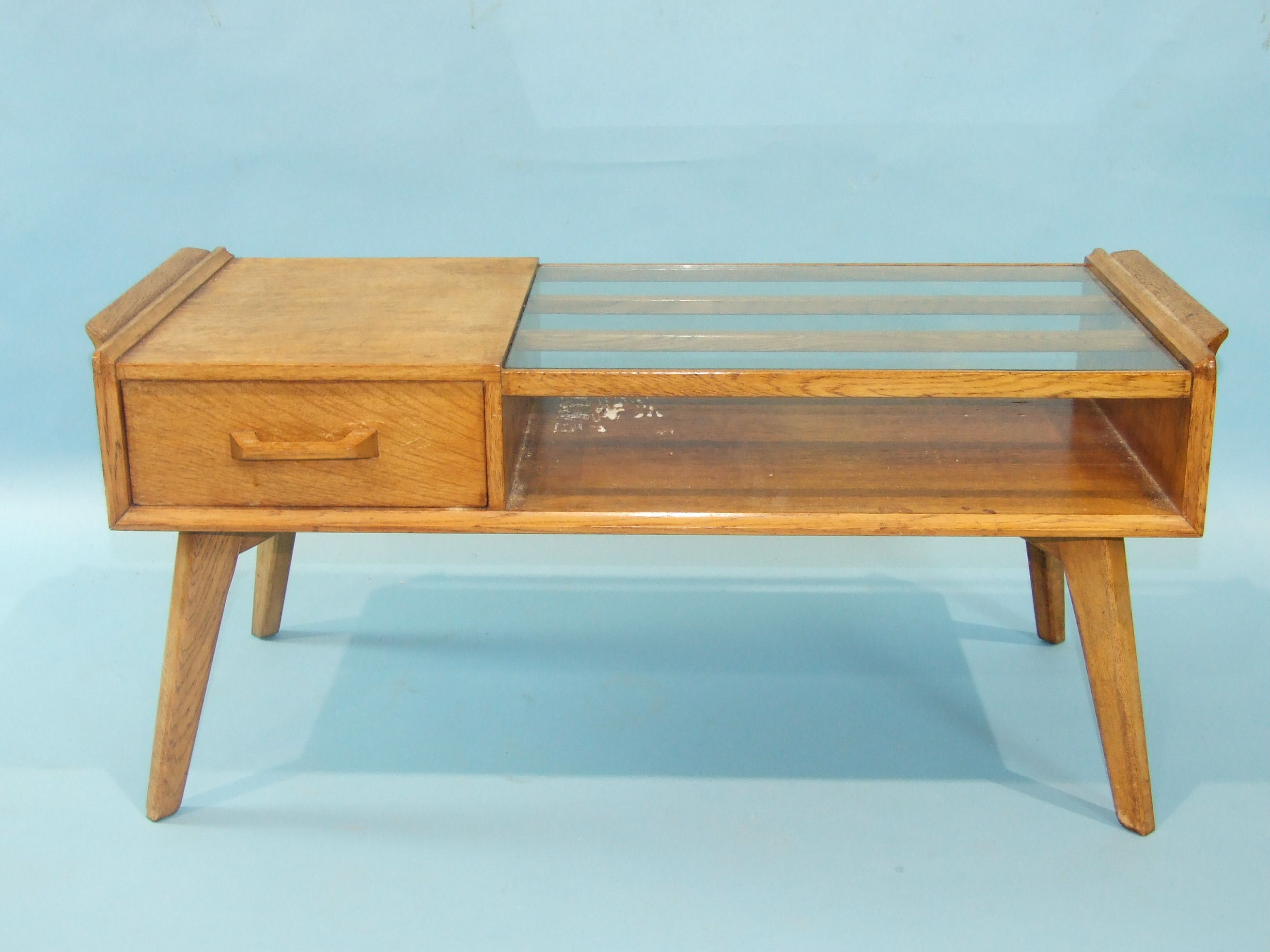 A G-Plan oak low telephone table with partially-glazed top and double-sided drawer, on splayed - Image 2 of 2