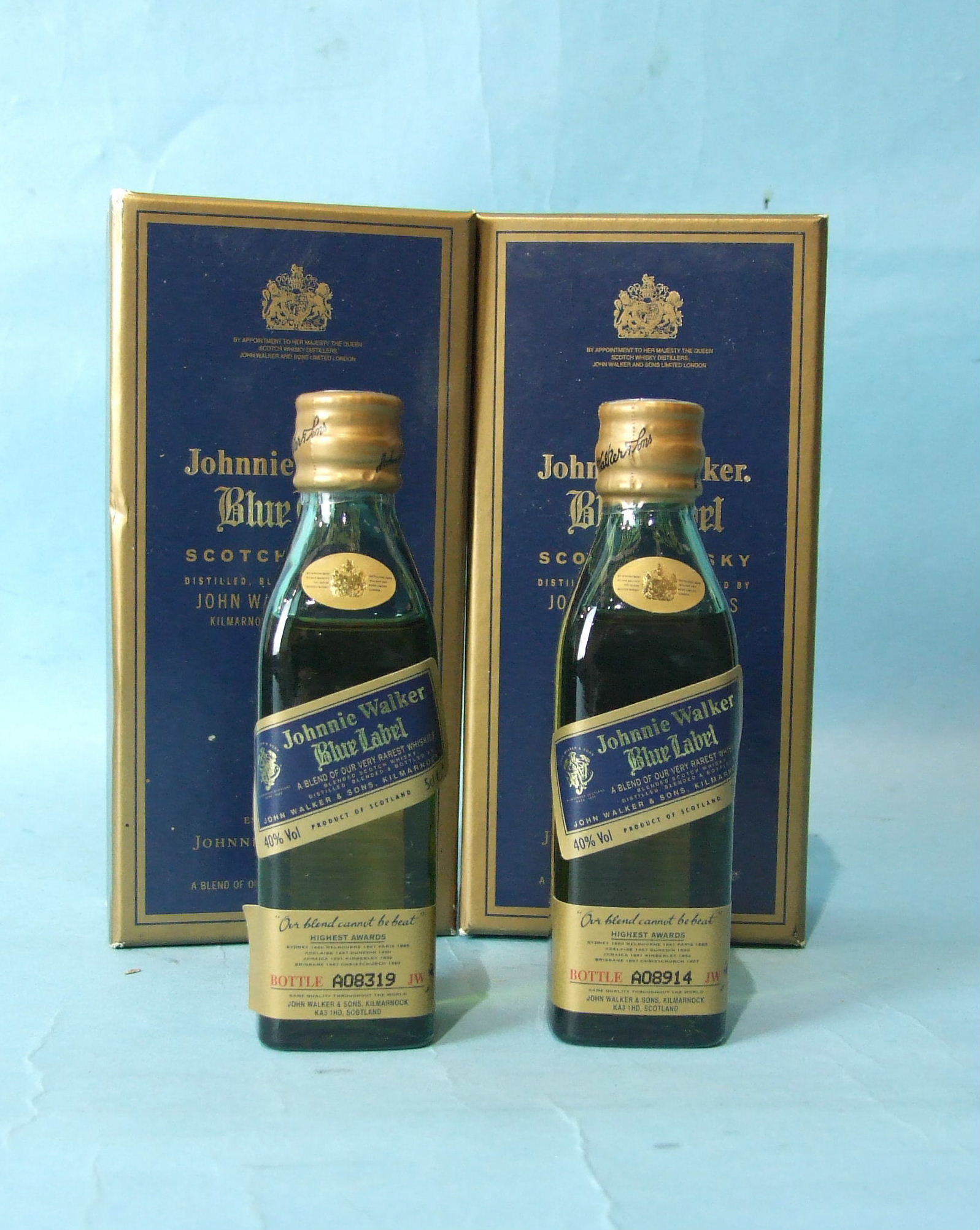 Johnnie Walker, two Blue Label Scotch Whisky miniatures, no.s A08914 and A08319, 40% vol, 5cl, in