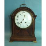 An early-20th century inlaid mahogany architectural-form bracket clock having white enamel dial