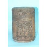 A late-19th century carved bamboo pot and cover carved with panels of figures and exotic birds,