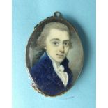 18th century English School, a miniature portrait of a gentleman wearing a blue coat and white