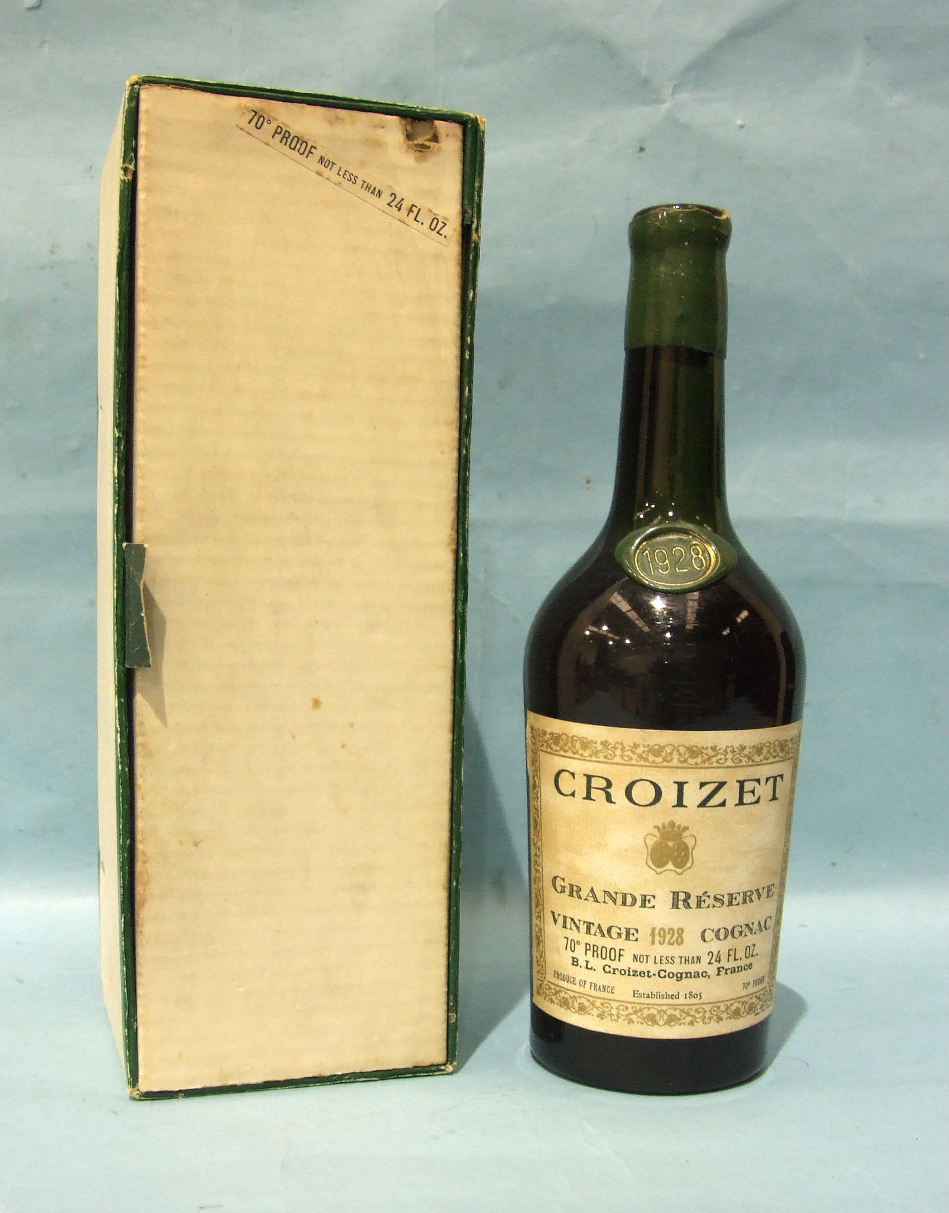 Croizet Grande Reserve Vintage 1928 Cognac, wax capsule damaged, neck seal date intact, level high