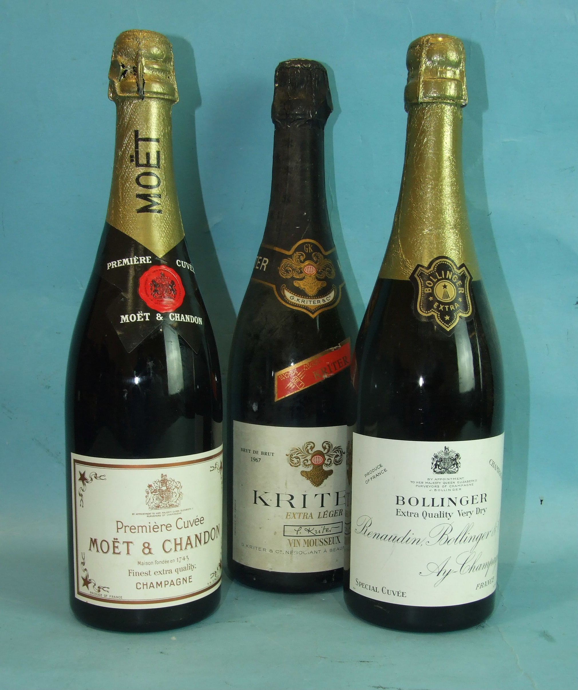 Bollinger Extra Quality Very Dry Special Cuvée Champagne, one bottle, Moët et Chandon Premiere Cuvée